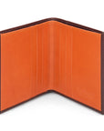 Leather compact billfold wallet 6CC, brown with orange, open