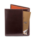 Men's small leather wallet, brown with orange, back view
