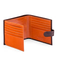 Leather wallet with tab closure, brown with orange, open