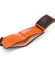 Leather wallet with tab closure, brown with orange, inside