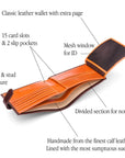 Leather wallet with tab closure, brown with orange, features