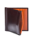 Leather money clip wallet with coin purse, brown with orange, front