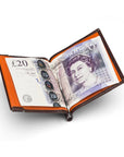 Leather money clip wallet with coin purse, brown with orange, inside