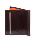 Leather money clip wallet with coin purse, brown with orange, back