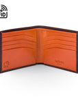 RFID leather wallet for men, brown with orange, open view