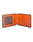 Leather travel card wallet, brown with orange, open