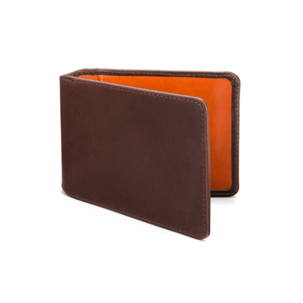 Leather travel card wallet, brown with orange, front