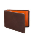 Leather travel card wallet, brown with orange, front