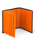 Leather wallet with 9 CC and ID, brown with orange, open