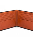Men's leather billfold wallet, brown with orange, open
