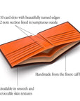 Men's leather billfold wallet, brown with orange, features