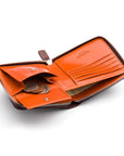 Men's leather zip wallet with coin purse, brown with orange, inside