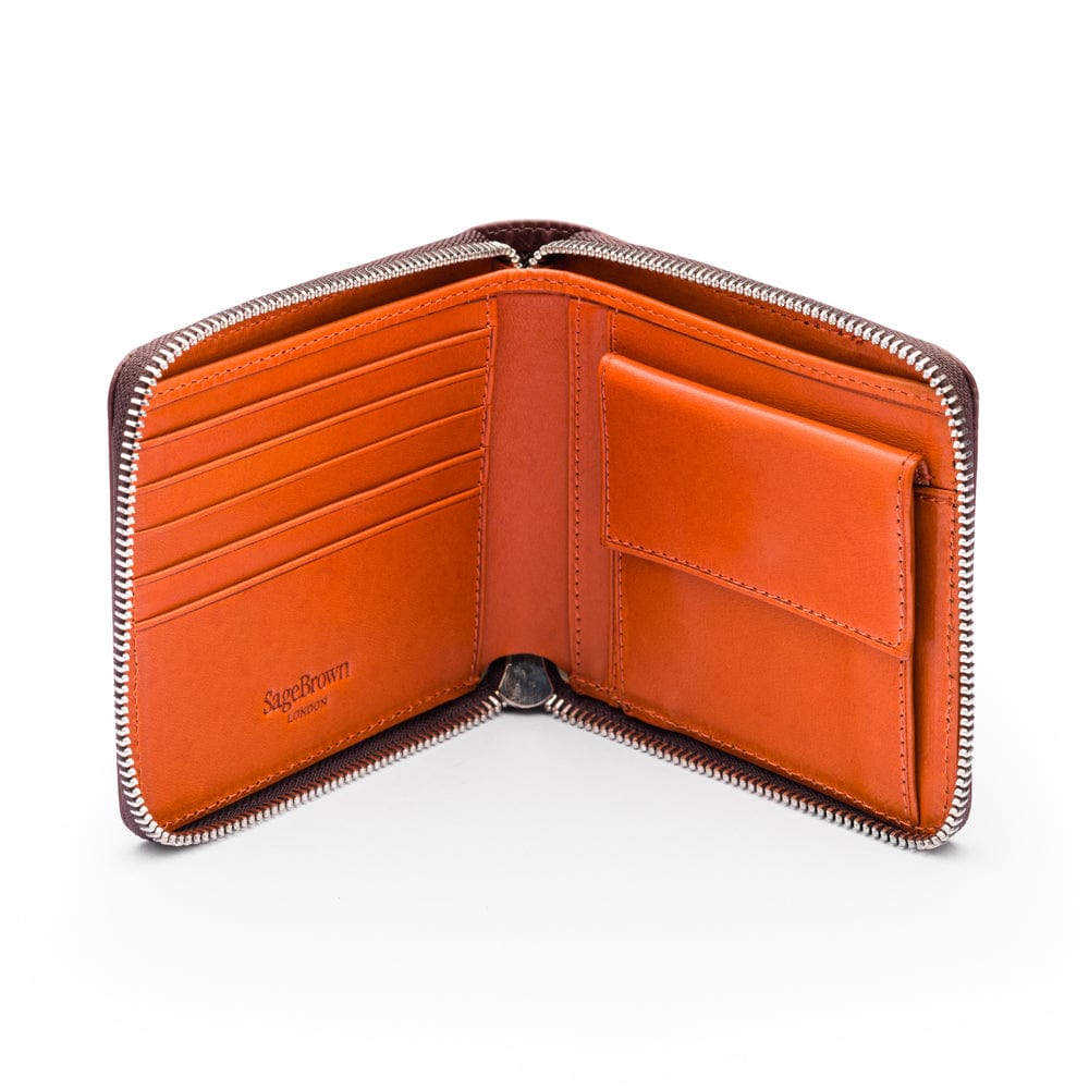 Men's leather zip wallet with coin purse, brown with orange, open