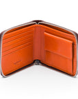 Men's leather zip wallet with coin purse, brown with orange, open