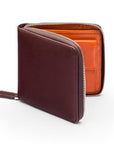 Men's leather zip wallet with coin purse, brown with orange, front view