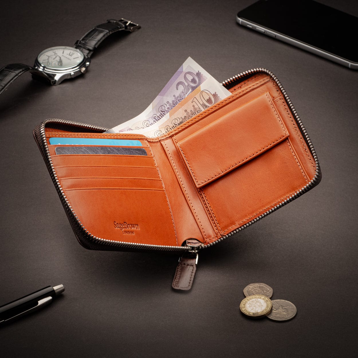Men's leather zip wallet with coin purse, brown with orange, lifestyle