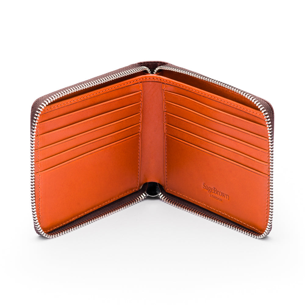 Men's leather wallet with zip around closure, brown with orange, open