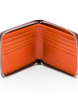 Men's leather wallet with zip around closure, brown with orange, open