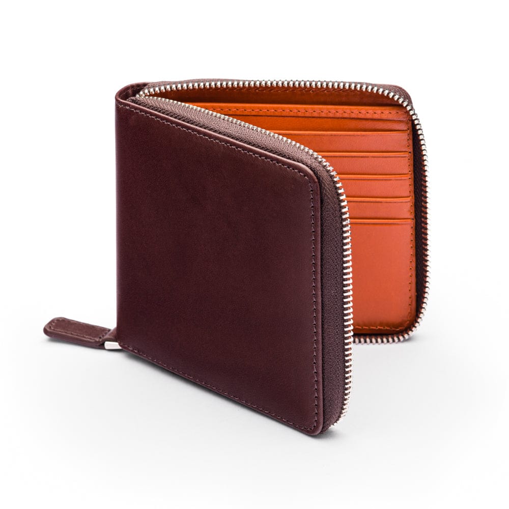 Men's leather wallet with zip around closure, brown with orange, front