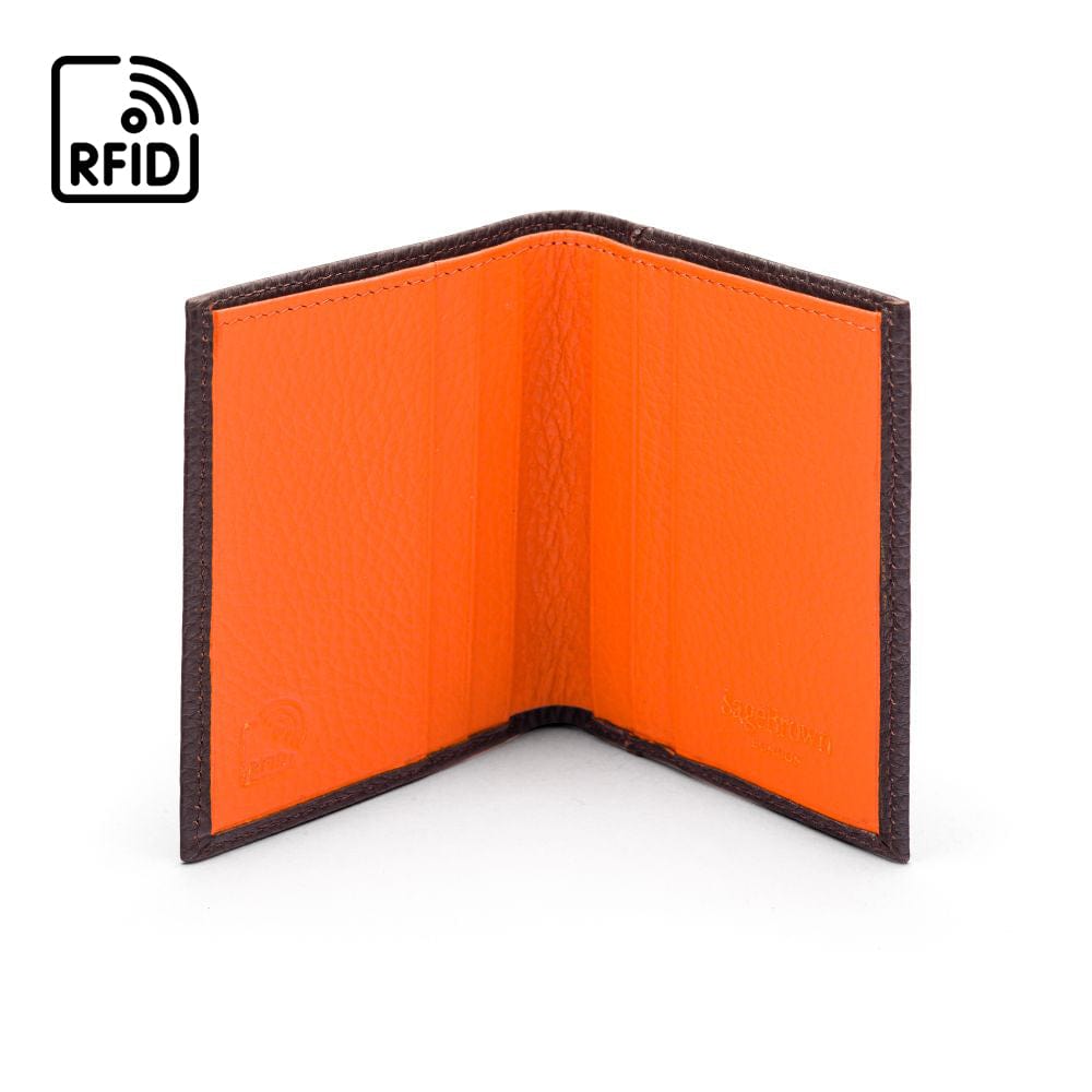 RFID leather wallet with 4 CC, brown with orange, open