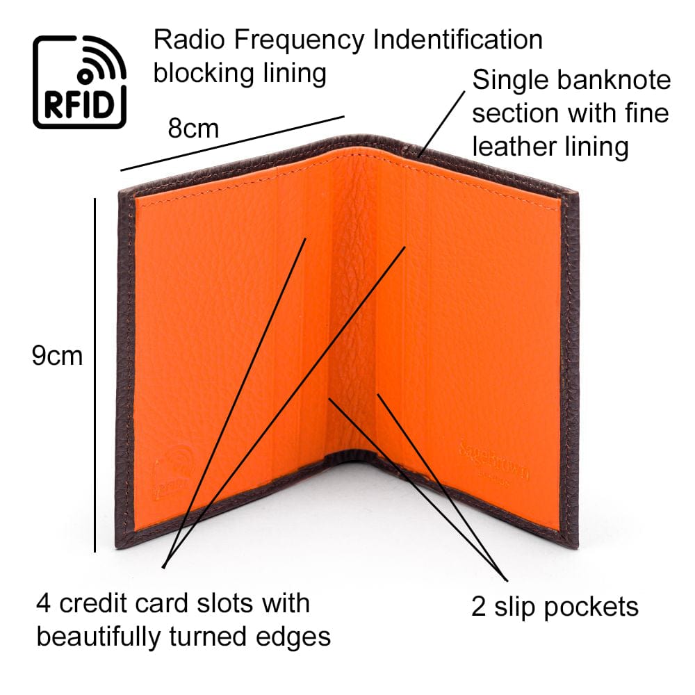 RFID leather wallet with 4 CC, brown with orange, features