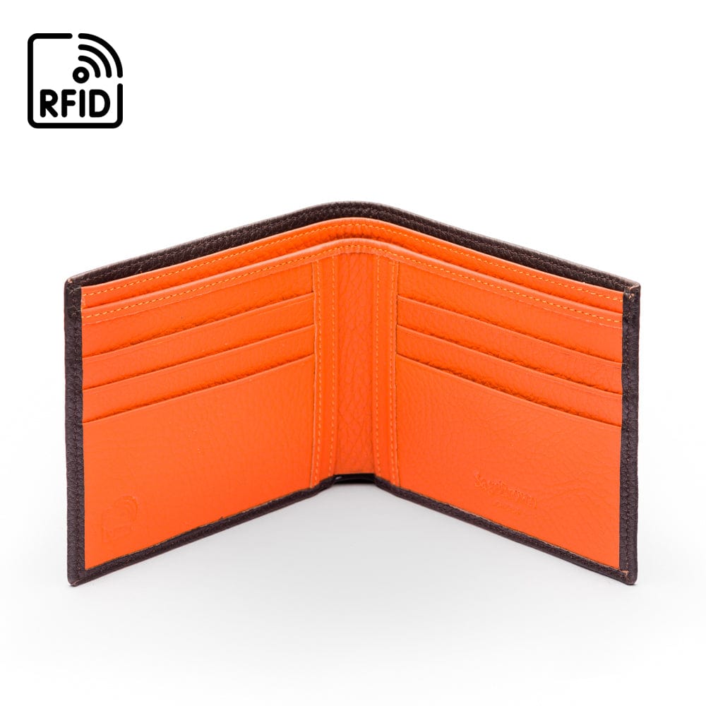 RFID wallet, brown with orange, open
