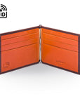Leather money clip wallet, brown with orange, open view