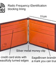 Leather money clip wallet, brown with orange, features