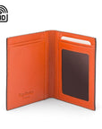 RFID Credit Card Wallet in brown with orange leather, inside view