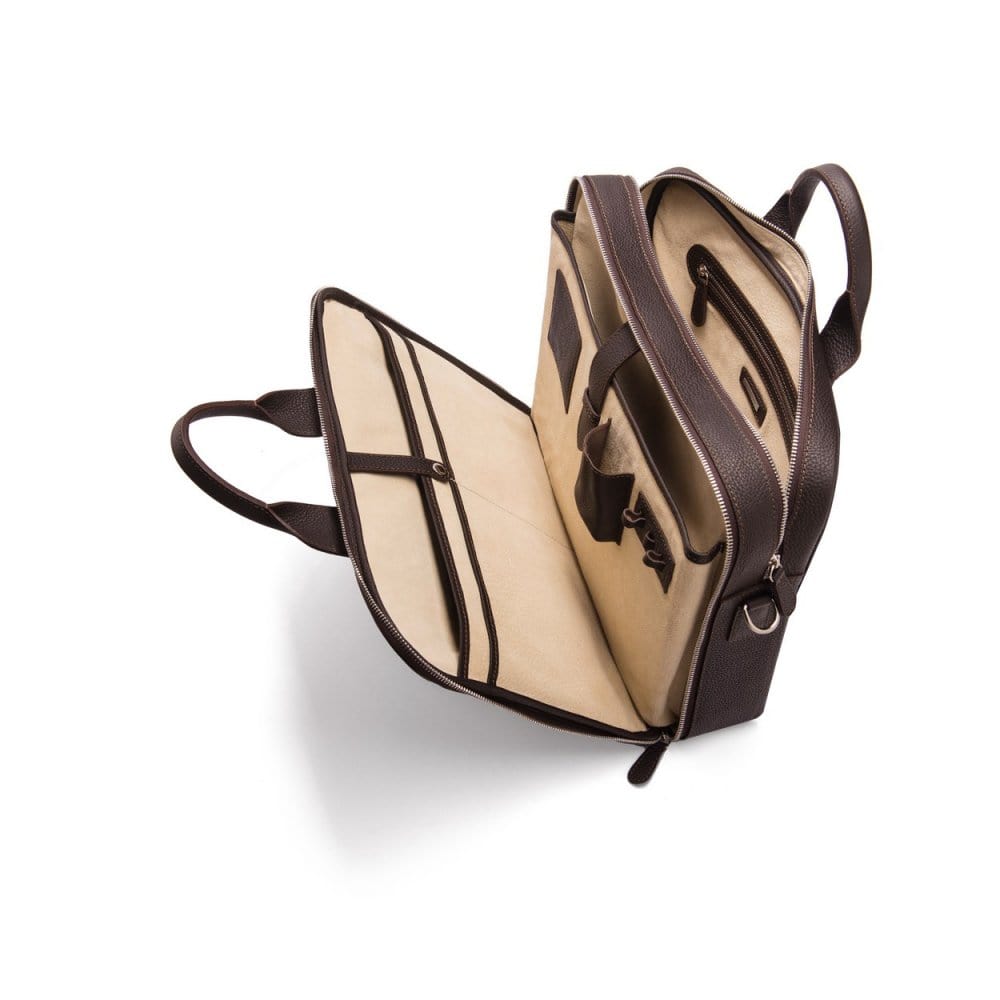 15" leather laptop briefcase, brown pebble grain, inside