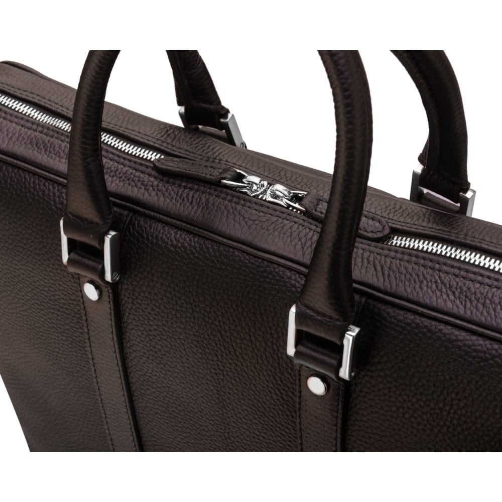 15" leather laptop bag, brown pebble grain, silver zips