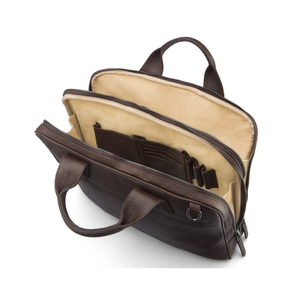 Leather 13" laptop briefcase, brown, interior