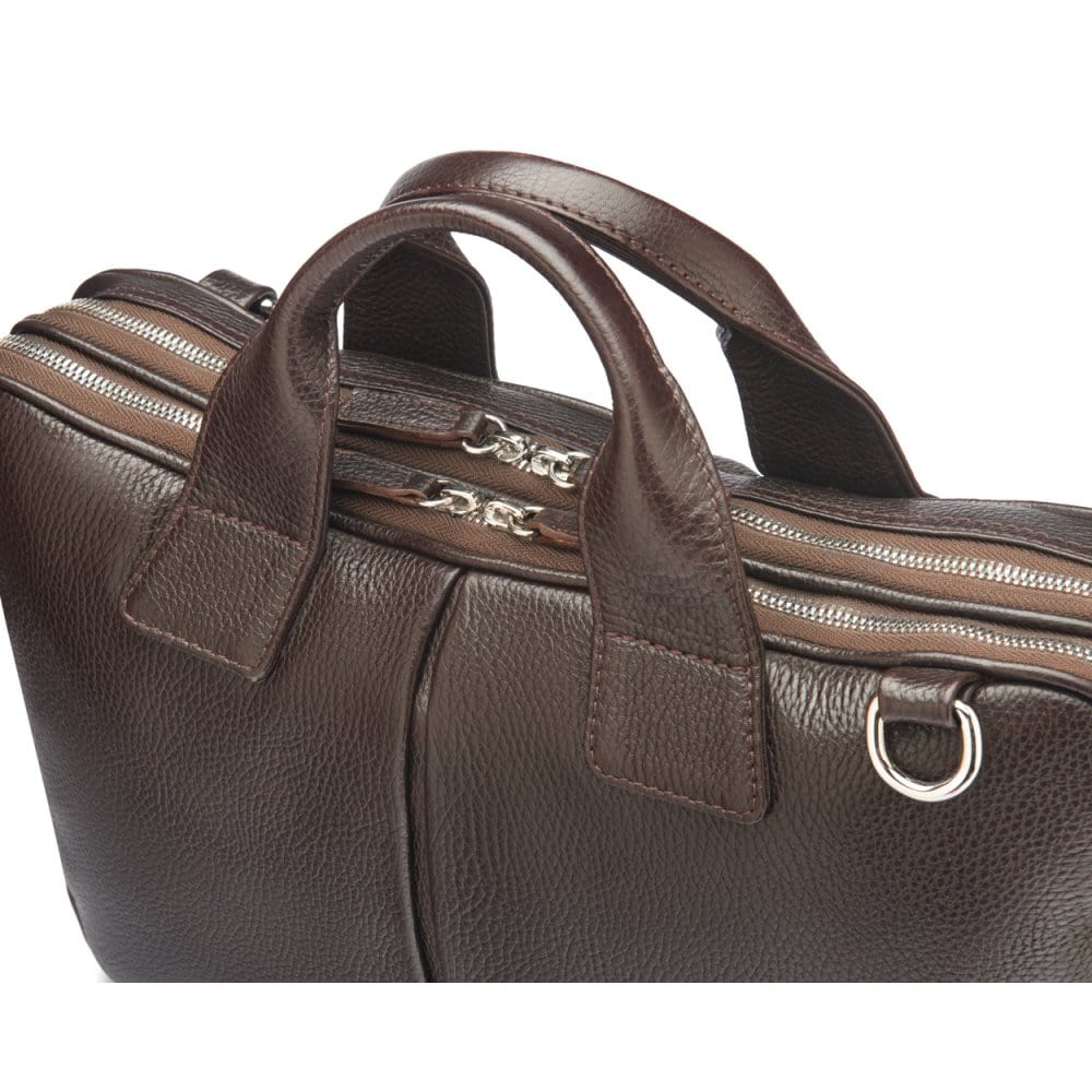 Leather 13" laptop briefcase, brown, zip closure