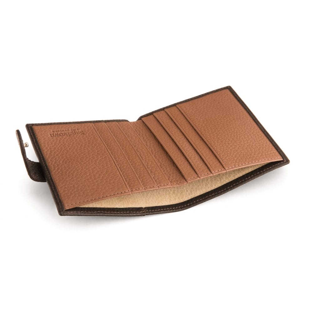 Compact leather billfold wallet with tab, brown with tan, inside