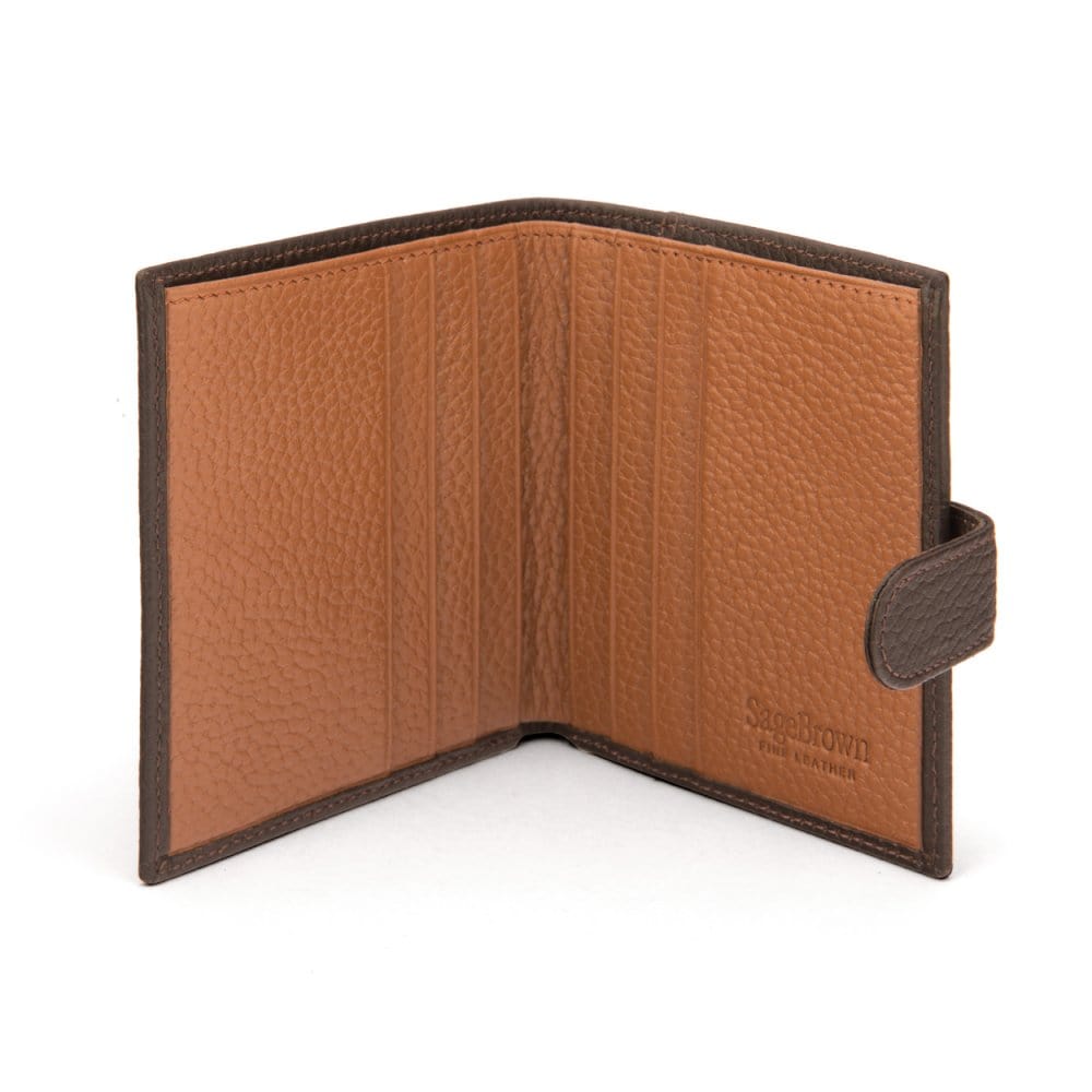 Compact leather billfold wallet with tab, brown with tan, open