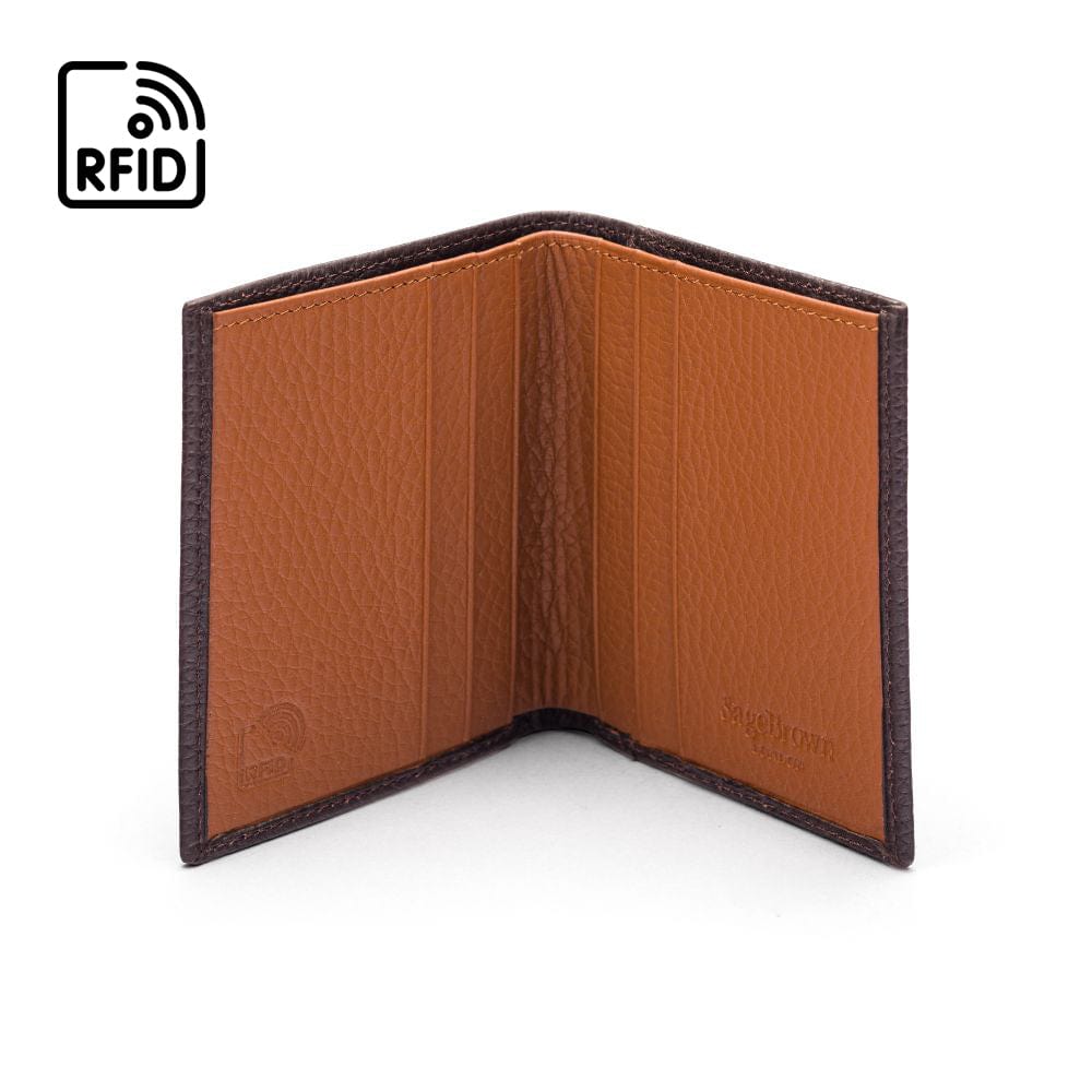 RFID leather wallet with 4 CC, brown with tan, open