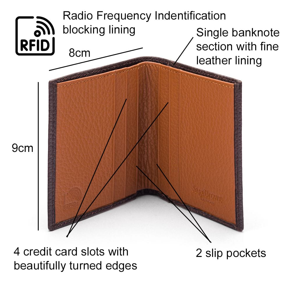 RFID leather wallet with 4 CC, brown with tan, features