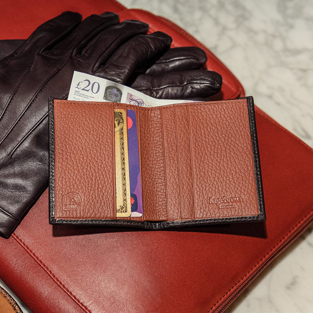 RFID leather wallet with 4 CC, brown with tan, lifestyle