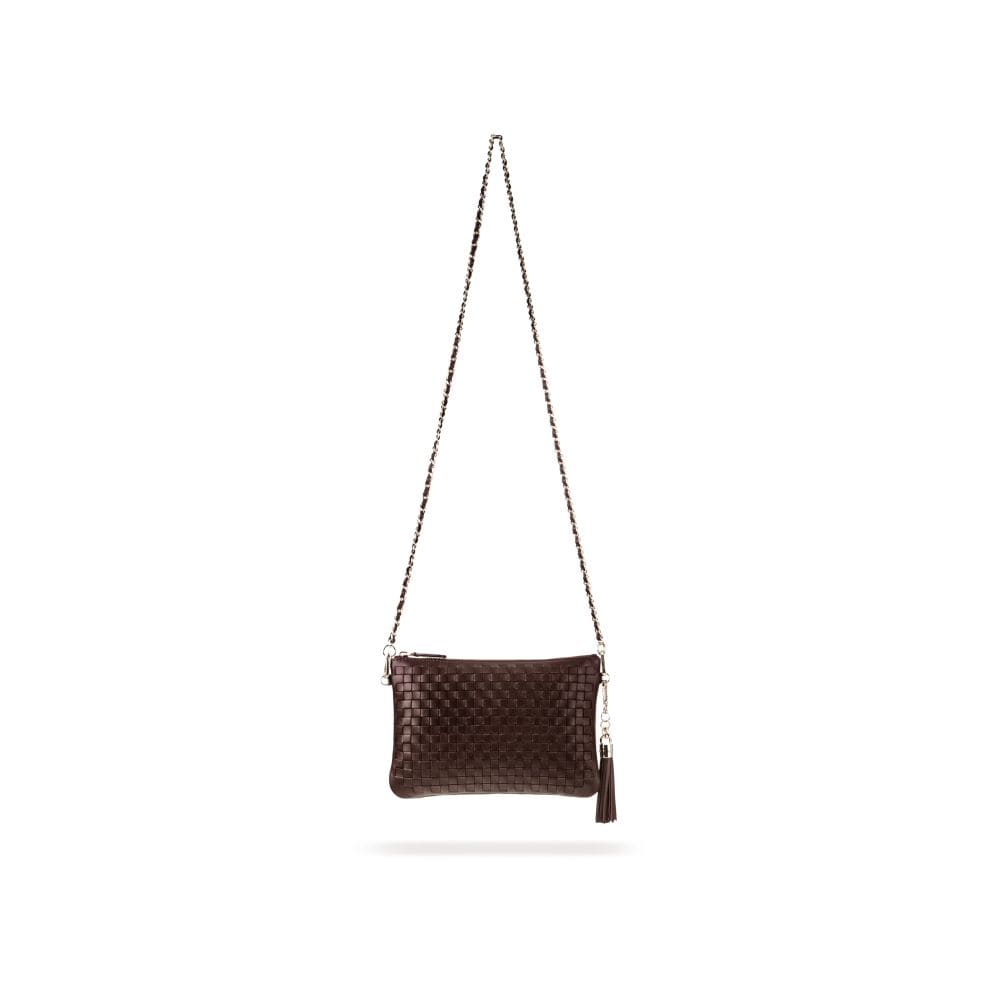 Leather woven cross body bag, burgundy, with long strap