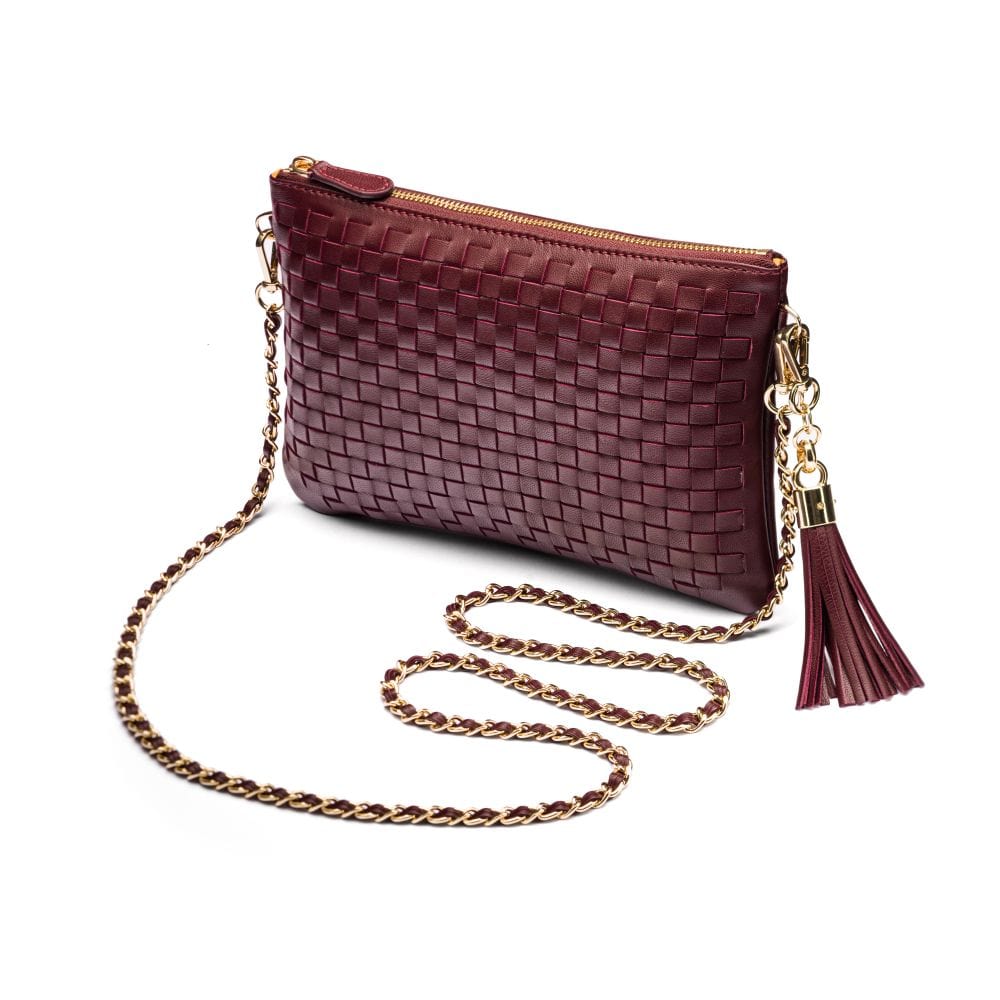 Leather woven cross body bag, burgundy, with chain strap
