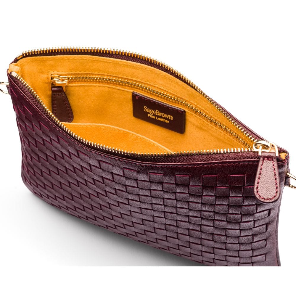 Leather woven cross body bag, burgundy, inside