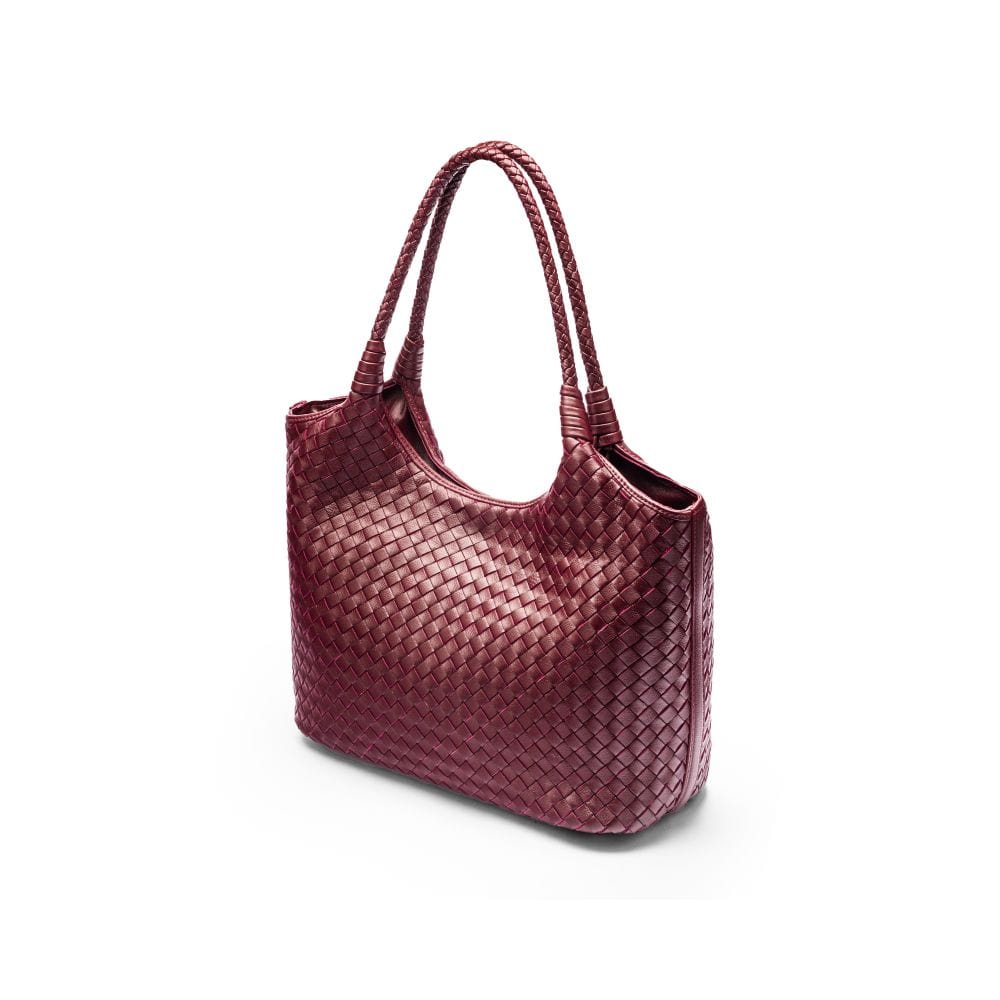 Leather Shoulder Bag, Burgundy Woven Bag SageBrown