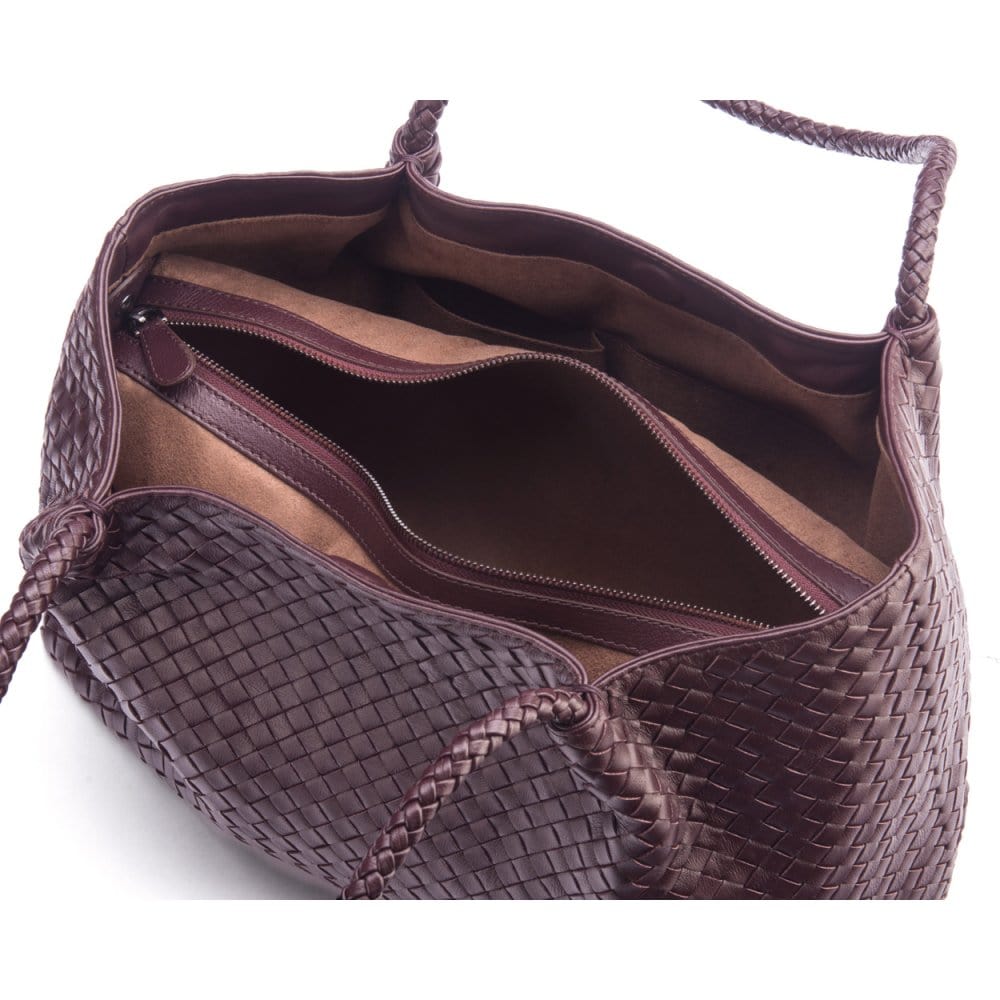 Woven leather slouchy bag, burgundy, inside