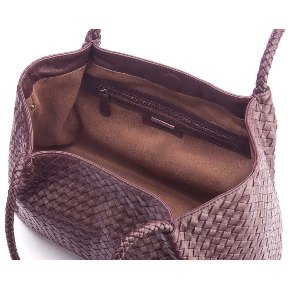 Woven leather slouchy bag, burgundy, inside view