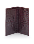 Tall leather wallet with 8 card slots, burgundy croc, open
