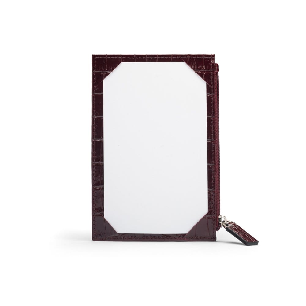 Flat leather card wallet with jotter and zip pocket, burgundy croc, front