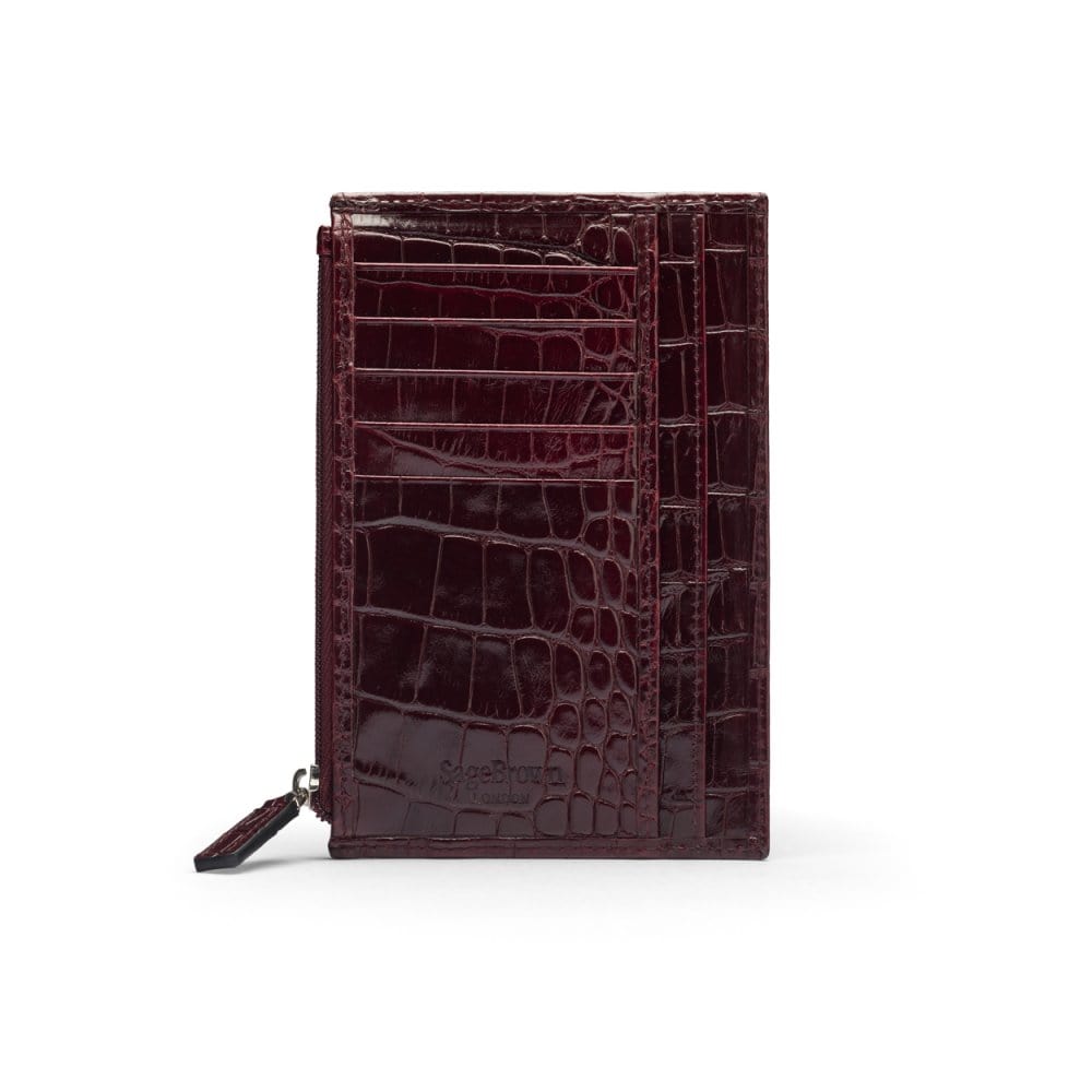 Flat leather card wallet with jotter and zip pocket, burgundy croc, back
