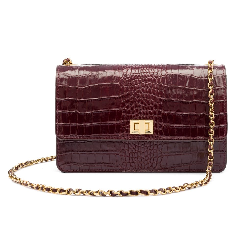 Leather chain bag, burgundy croc, front view