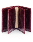 Leather bifold card wallet, burgundy croc, open