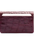 Leather bifold card wallet, burgundy croc, front view